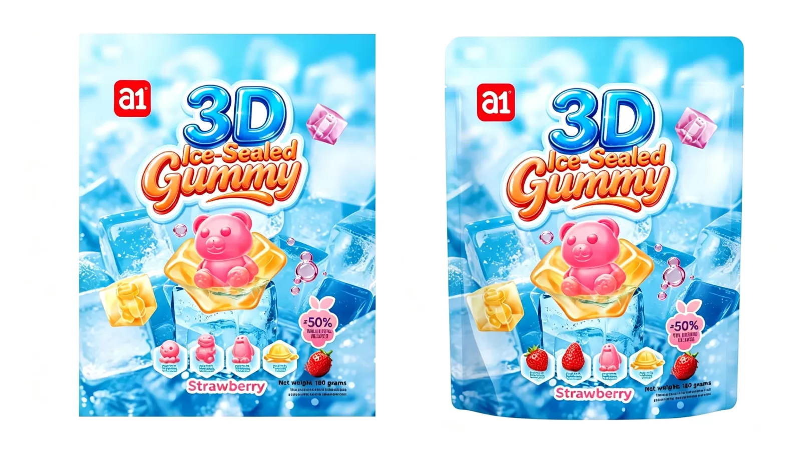 gomitas a1 3D Ice-Sealed sabor fresa, embalaje de exportación en inglés