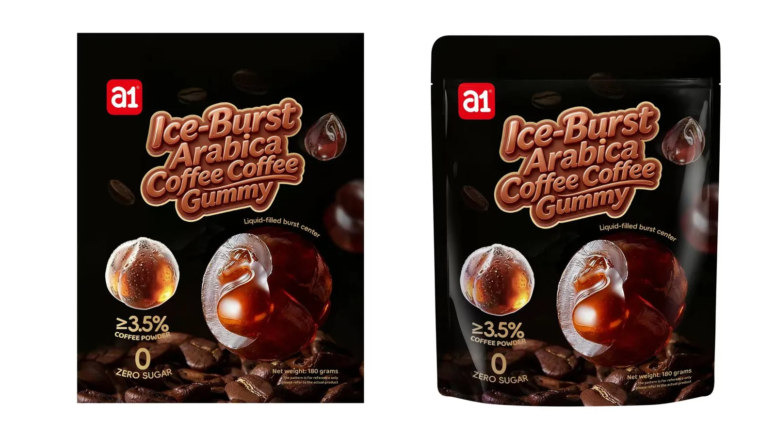 a1 Ice-Burst Arabica Coffee Coffee Gummy — diseño de empaque tueste oscuro con granos de café y núcleo líquido