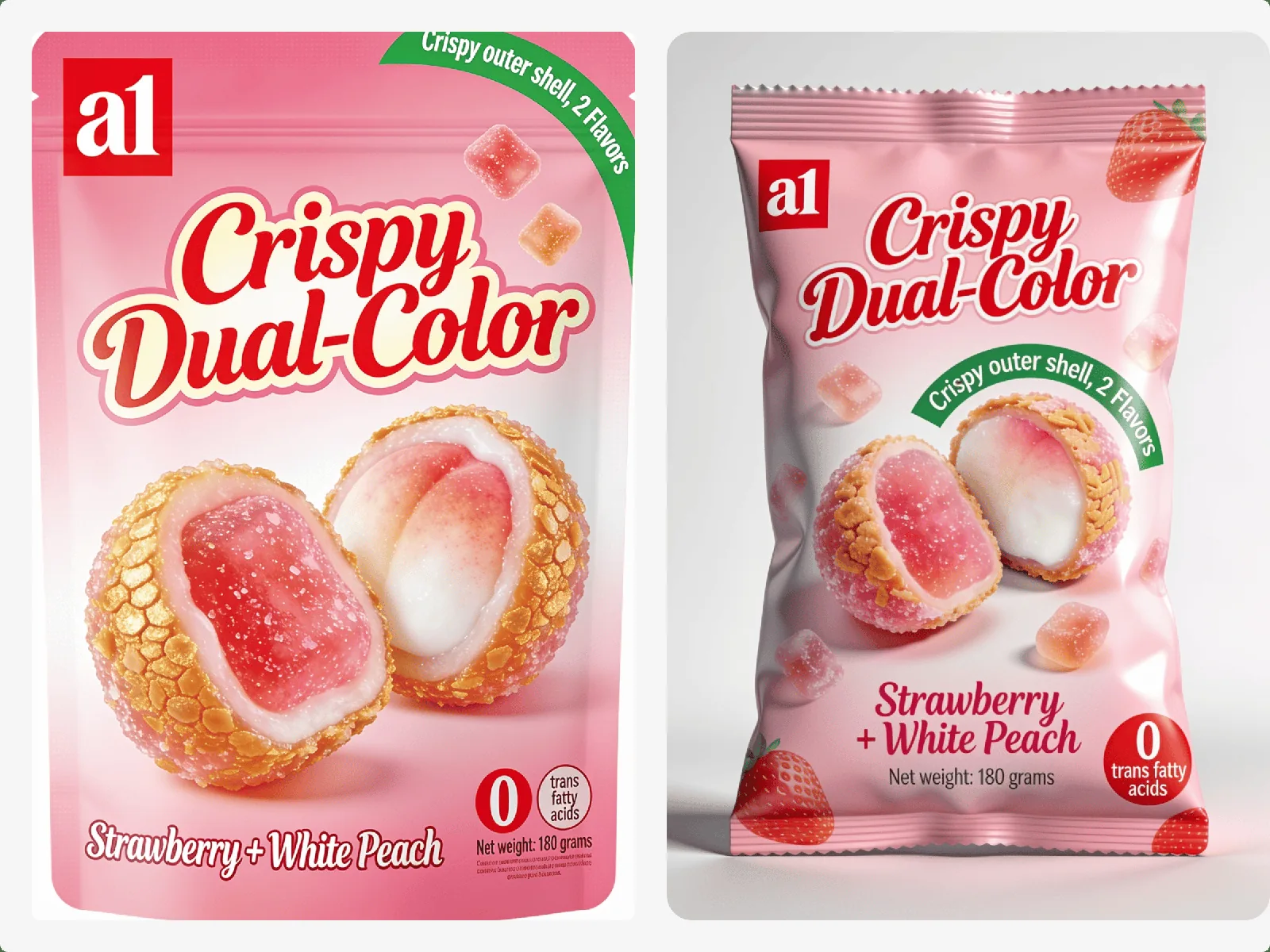 envase de la gomita 4D Crispy Dual-Color de fresa y melocotón blanco de a1