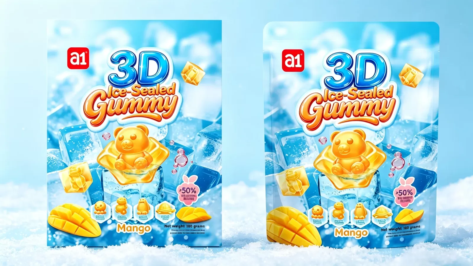 gomitas a1 3D Ice-Sealed sabor mango, embalaje de exportación en inglés