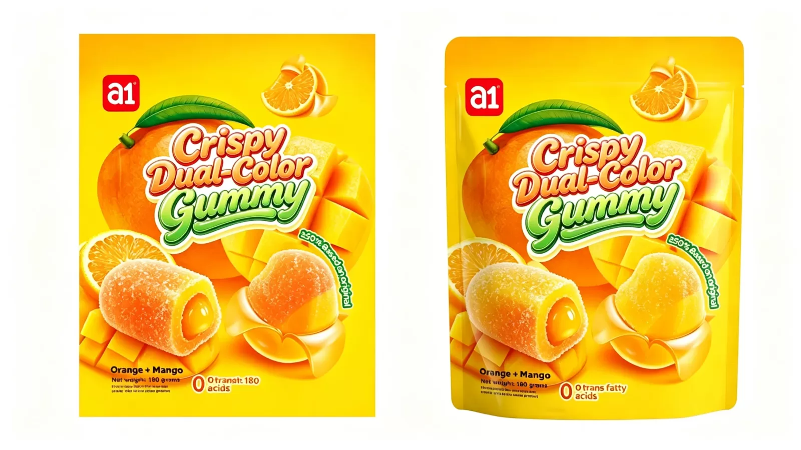 gomitas a1 4D Crispy Dual-Color naranja mango, embalaje en inglés