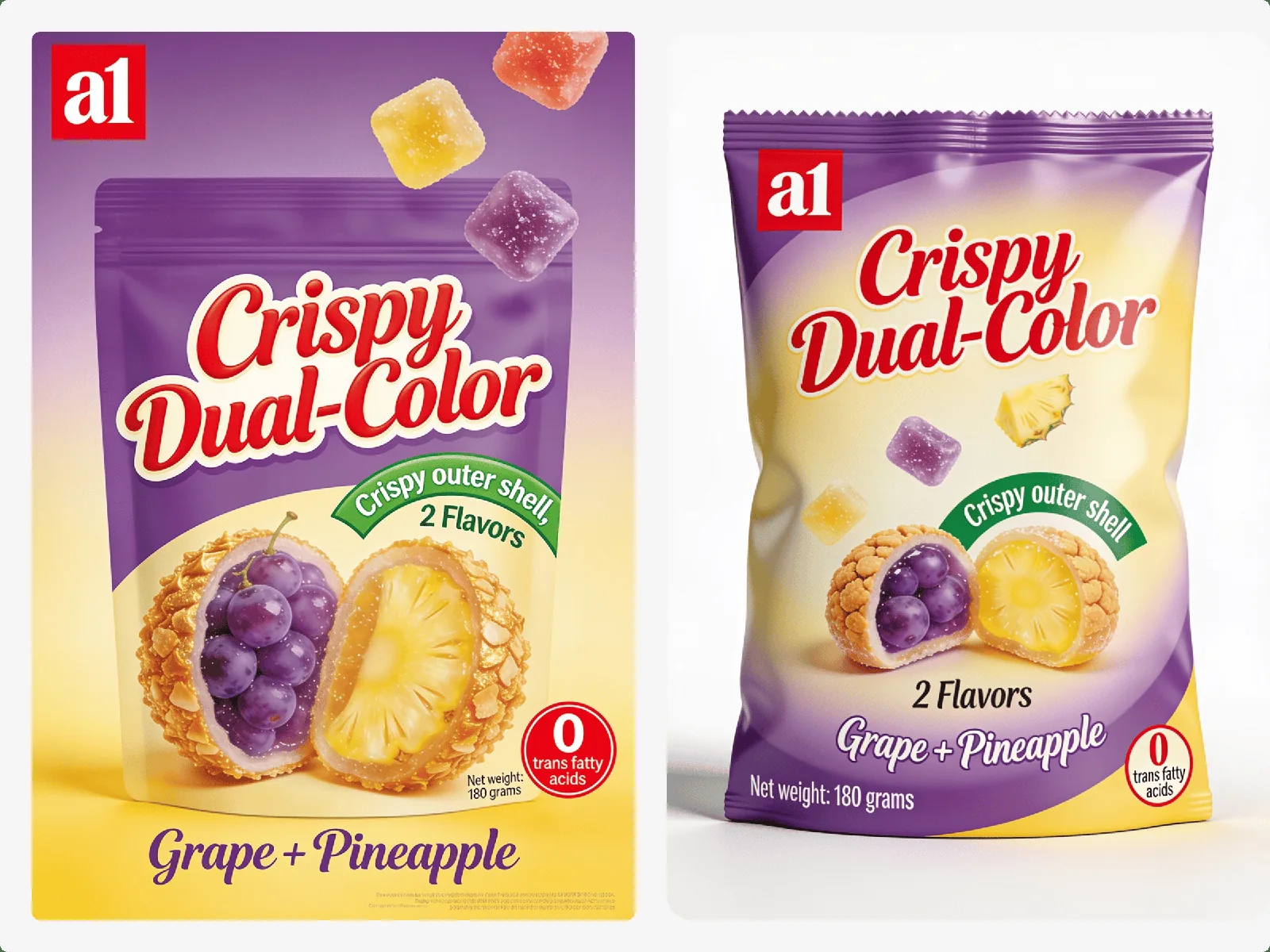 a1 Crispy Dual-Color Gummy en uva piña — uno de los formatos que llenan un primer contenedor mixto