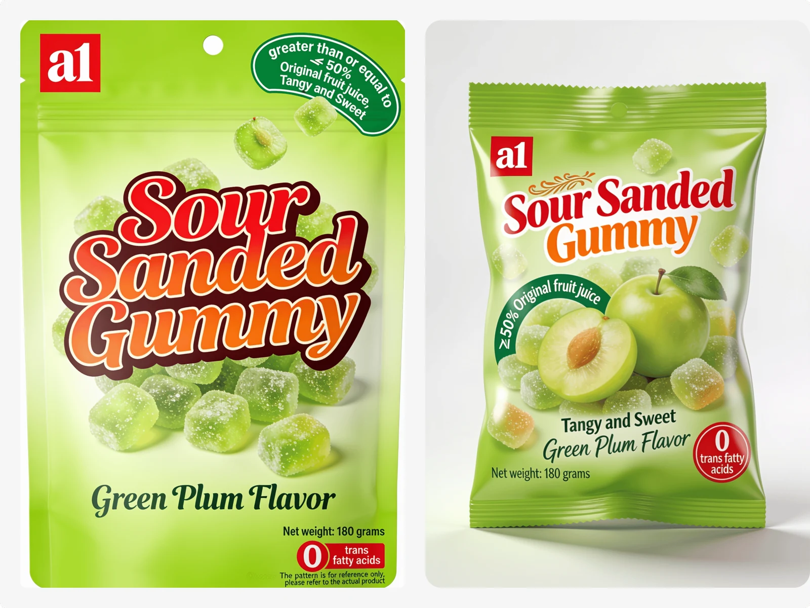 a1 Sour Sanded Gummy Green Plum — bolsa resellable para el formato de gomitas con cobertura ácida