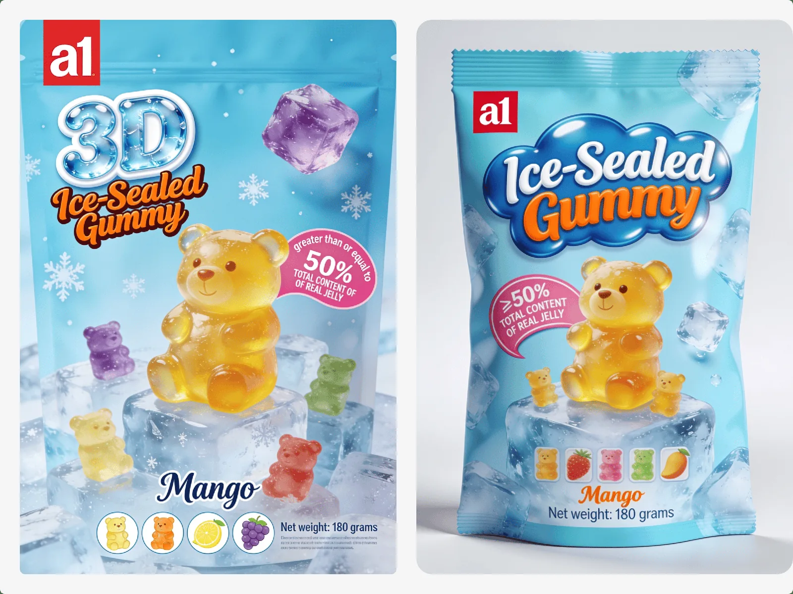 gomita 3D Ice-Sealed de mango de a1, empaque listo para retail en inglés