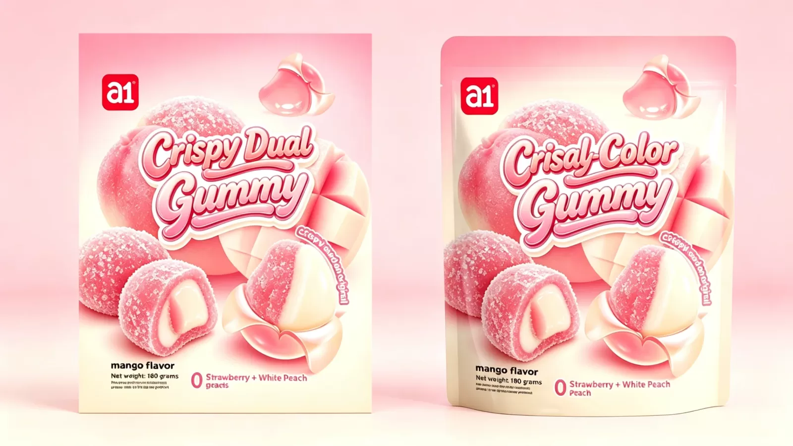 gomitas crujientes bicolor a1 fresa y melocotón blanco, embalaje de exportación