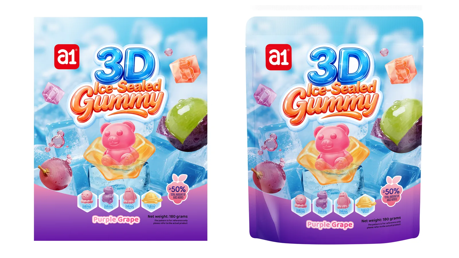 arte conceptual de la goma 3D sellada de a1 — una figura animal sellada dentro del caramelo, el pitch de cuatro segundos que un frente necesita