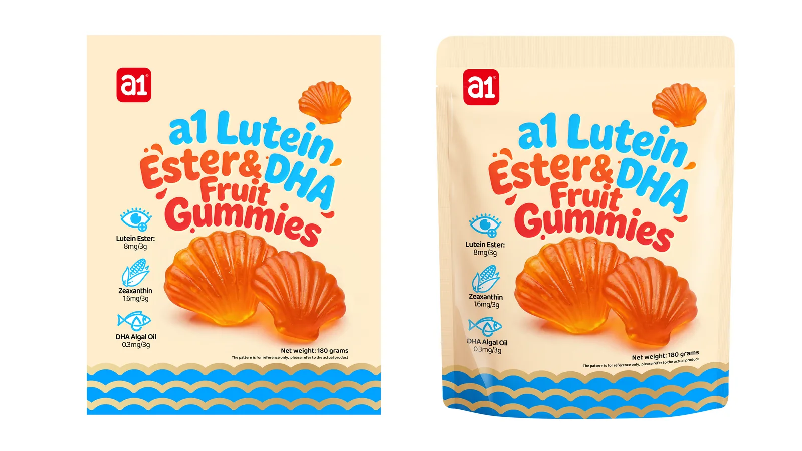 Diseño de empaque a1 Lutein Ester & DHA fruit gummies — el extremo bienestar de la gama de gomitas
